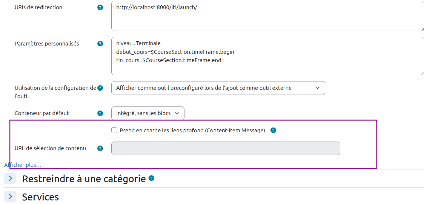 Activation DeepLinking dans Moodle