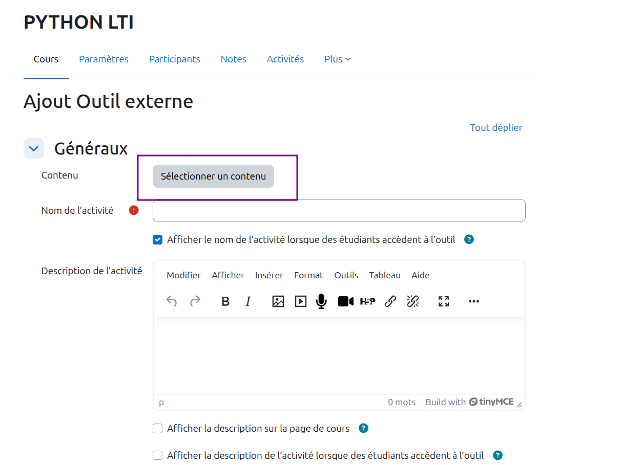 bouton selection de contenu dans Moodle
