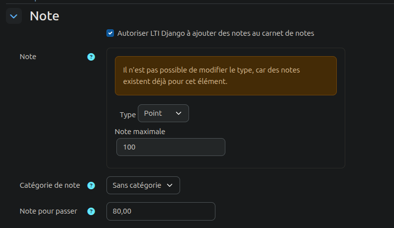 Décision de la note minimale pour valider l'activité